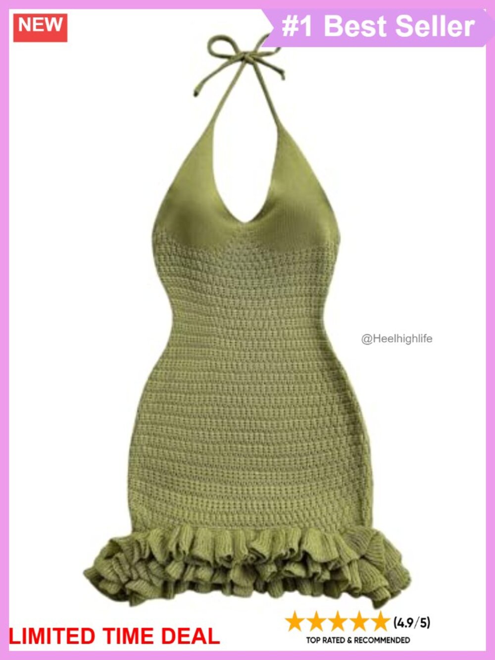 Crochet Halter Mini Dress Sleeveless Backless Ruffle Hem Vacation Beach
